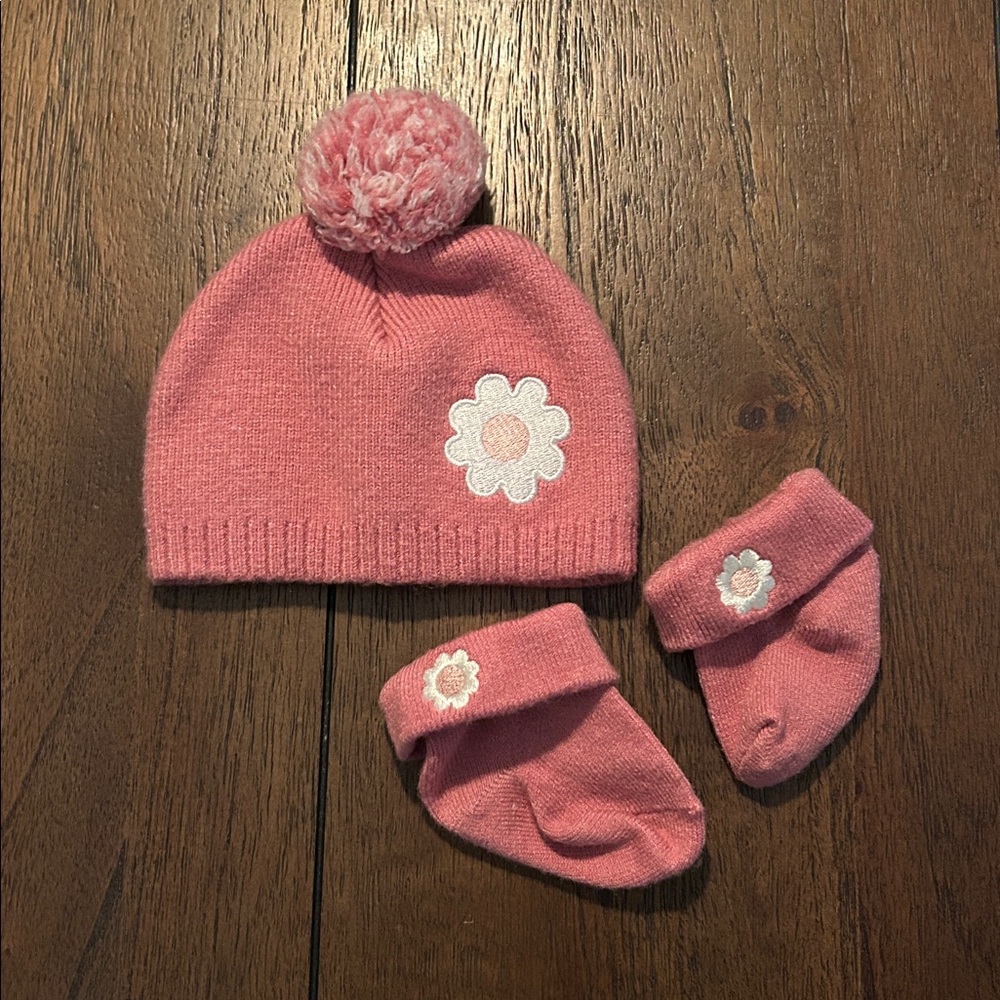 NYGB TWO Pom Pom Beanie & Booties with Embroidered Flowers